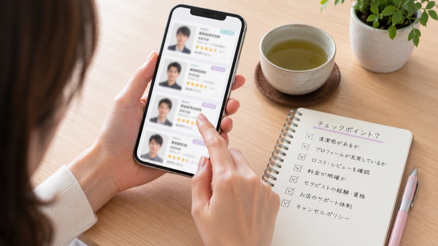 お店選び — スマホでリサーチするイメージ